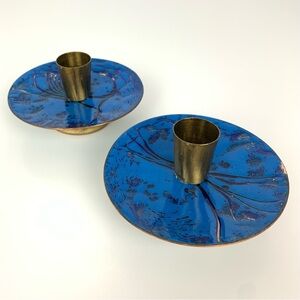 Pair Signed Candle Holder Enamel On Copper Blue Gold Vtg Round MCM Monique 1974